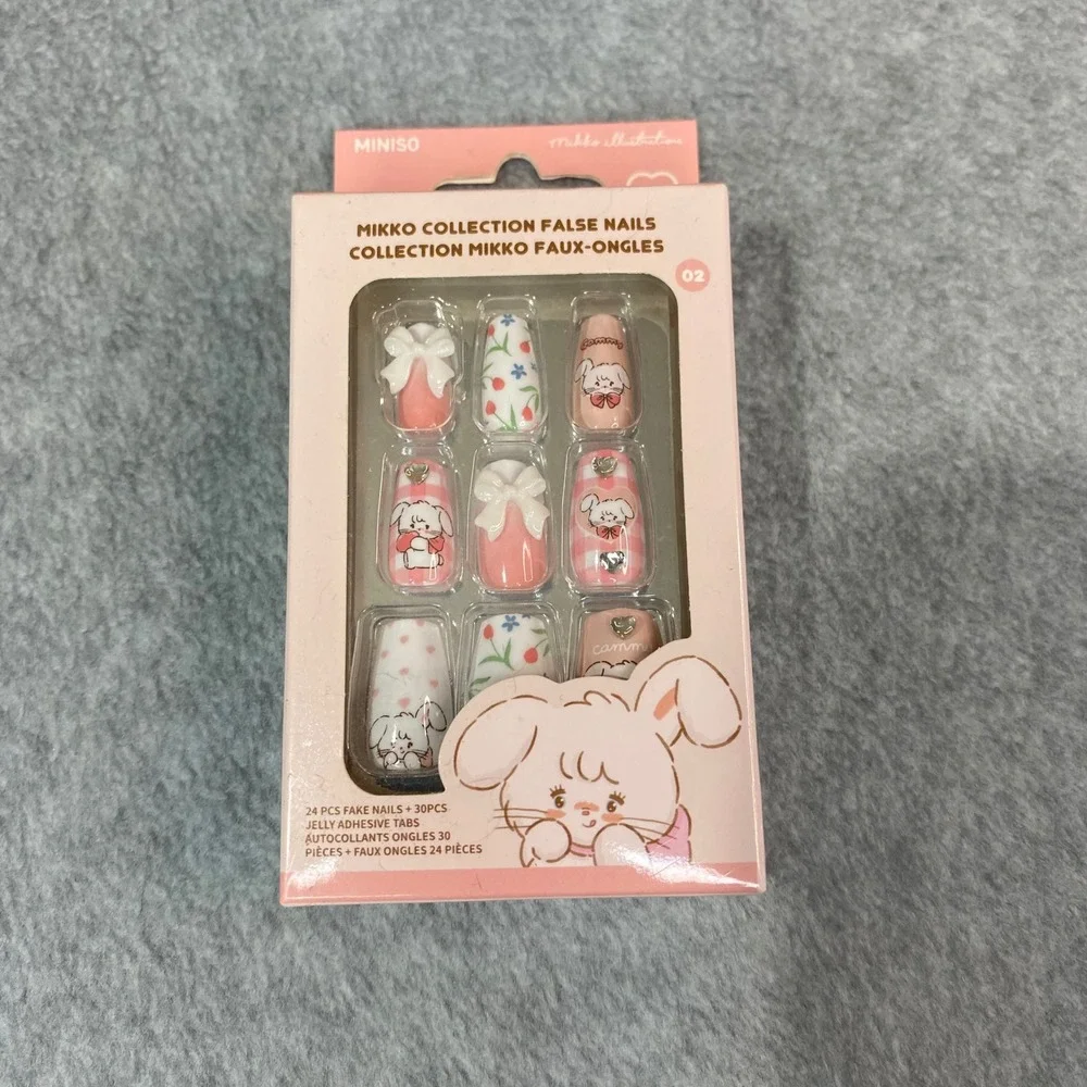 Miniso Mikko Illustration False Nails Kids Pink Cammy Bunny 3D Bows NEW NIB 24pc